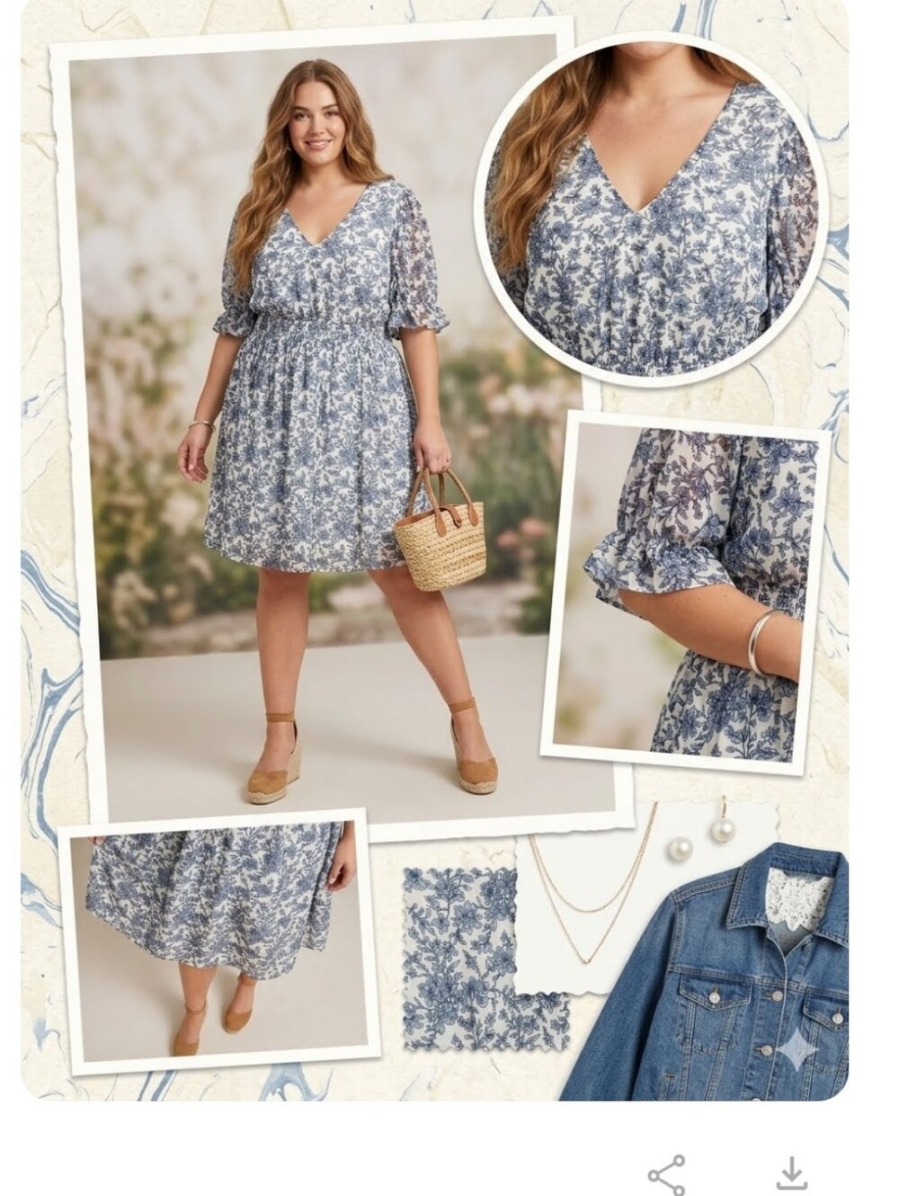 ❤️Blue Floral V-Neck Smocked Waist Dress Pit 26  Lined No Pockets